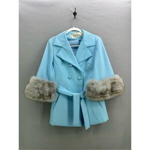 Vintage Lilli Ann Womens Blue Double Breasted Fox Fur Cuff Cape Sleeved Blazer S
